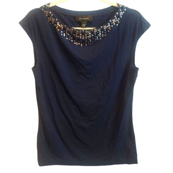 St. John Tops - ST JOHN Navy and Sequin Sleeveless Blouse - Size Medium